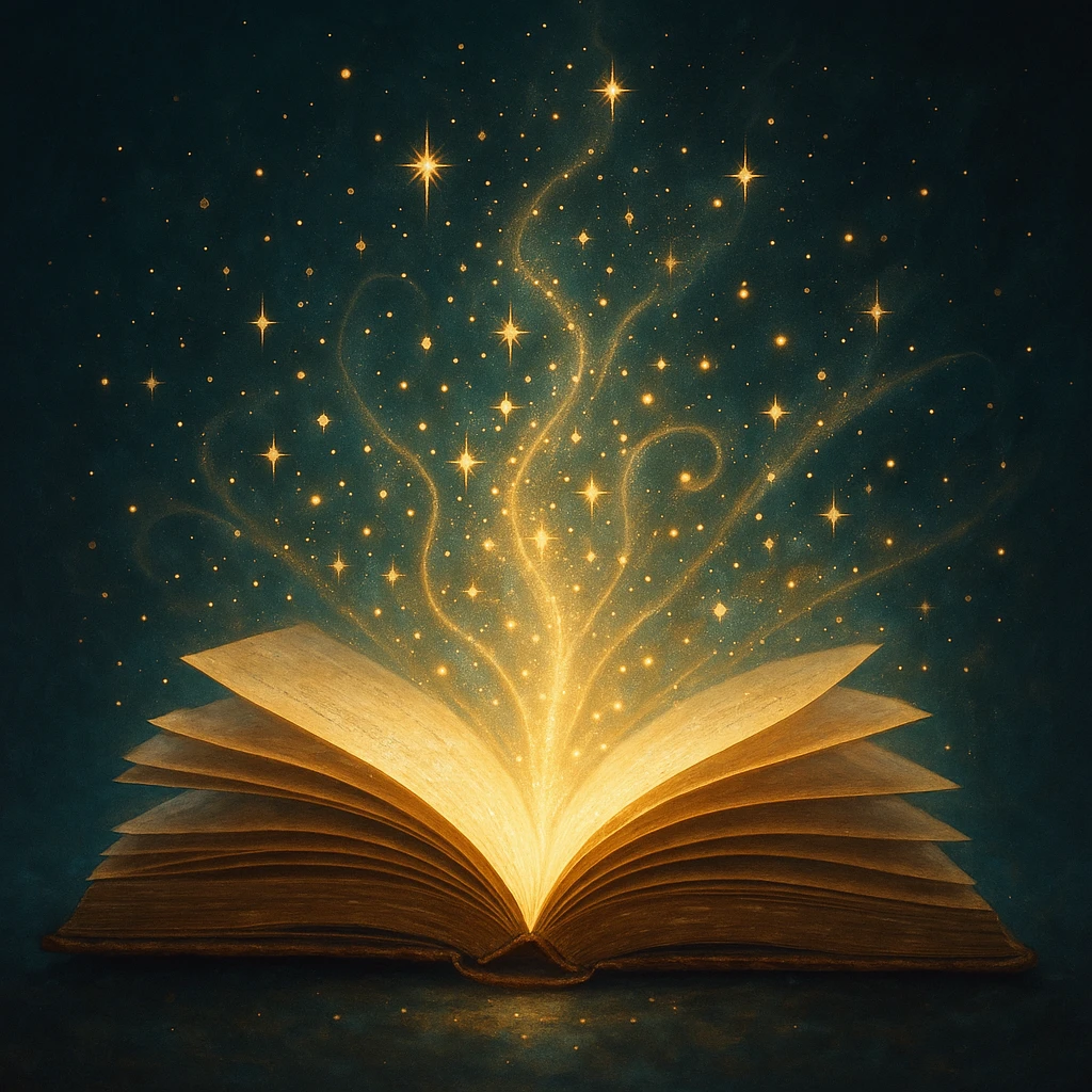 magical glowing book, sparkles, open pages, radiant energy, whimsical emoji