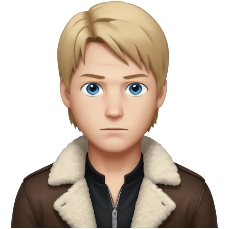 Leon Kennedy from resident evil 4 remake in sheepskin coat and black t-shirt blue eyes clean-shaved emoji