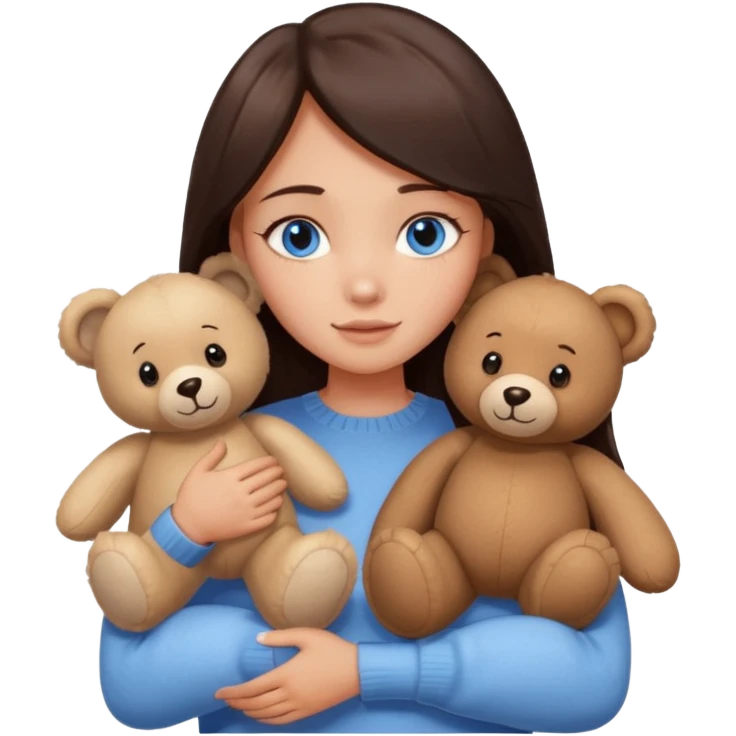 a girl with long dark 
brown hair, with blue eyes, in a
white sweater, hugs 3 different natural coloured emoji