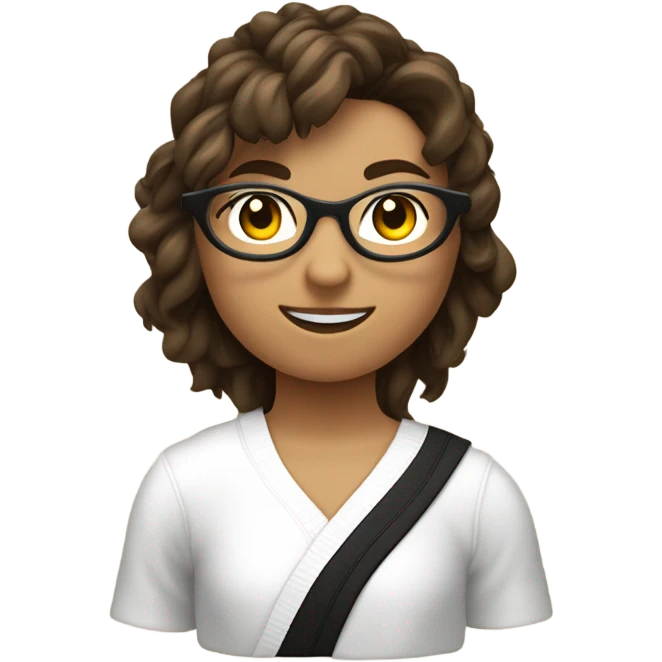 chica adolescente blanca con pelo castaño ondulado y lentes negros delgados medio circulares y cuadrados y cara ovalada, cuerpo delgado, haciendo taekwondo emoji