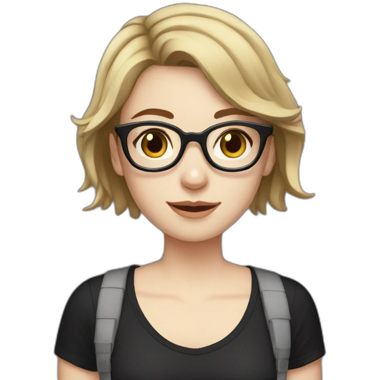 Girl with pale skin, short dark brown hair, glasses, and freckles; wearing a black t-shirt  emoji