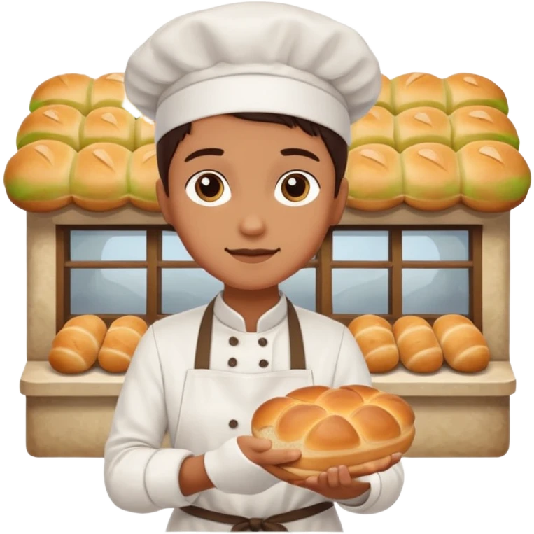 Shopper with small bread loaf,Farmers’ Market, background bakery shop, market. emoji
