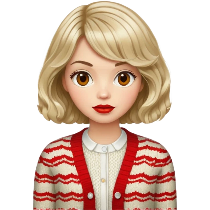 Alluring 1970's French girl french shiny wavy textured bob haircut tousled hair red lips wearing knitted cardigan emoji