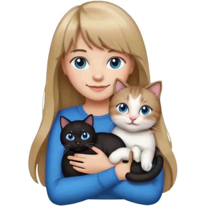 Apple-style emoji sticker of a young woman with long dark blond hair and bangs, blue eyes , holding a black-and-white cat on her chest, both smiling.  emoji