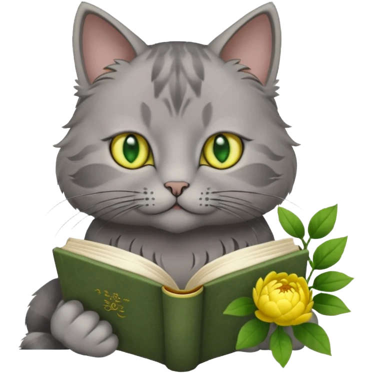 Gray Cat reading book + yellow pion emoji