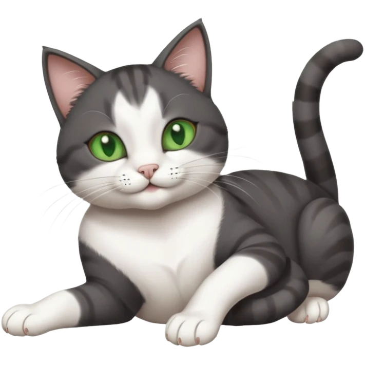beautiful female solid dark grey cat with green eyes, white toes/paws and white patch on her chest playfully rolling upside down emoji