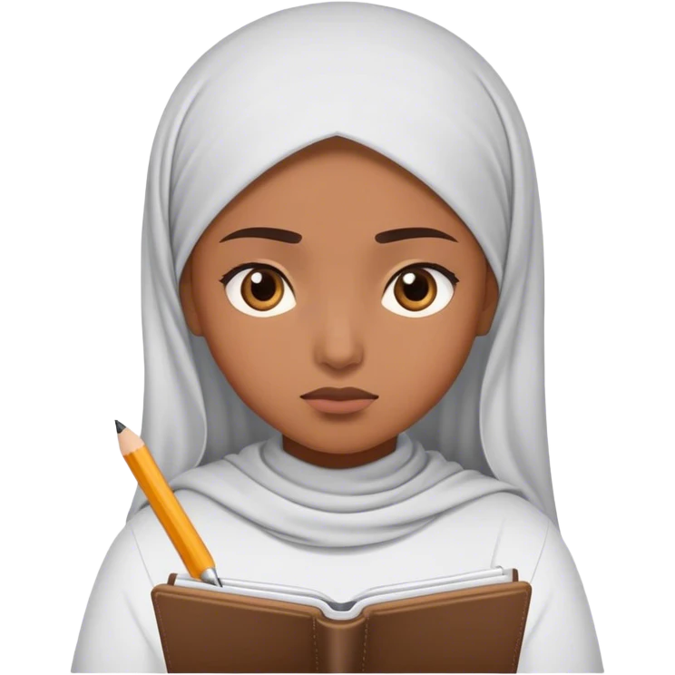 Muslim girl writing in notebook with difficulty, with confusion, emoji question emoji