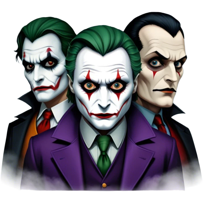 Thriller Movie Icon: A dark, intense collage with close-up images of iconic thriller characters like 1 Joker, 1 Hannibal Lecter, and 1 Vlad Dracula. The background features a moody Gotham City skyline, with shadowy figures and fog. Atmospheric, suspenseful tone. Transparent background. emoji