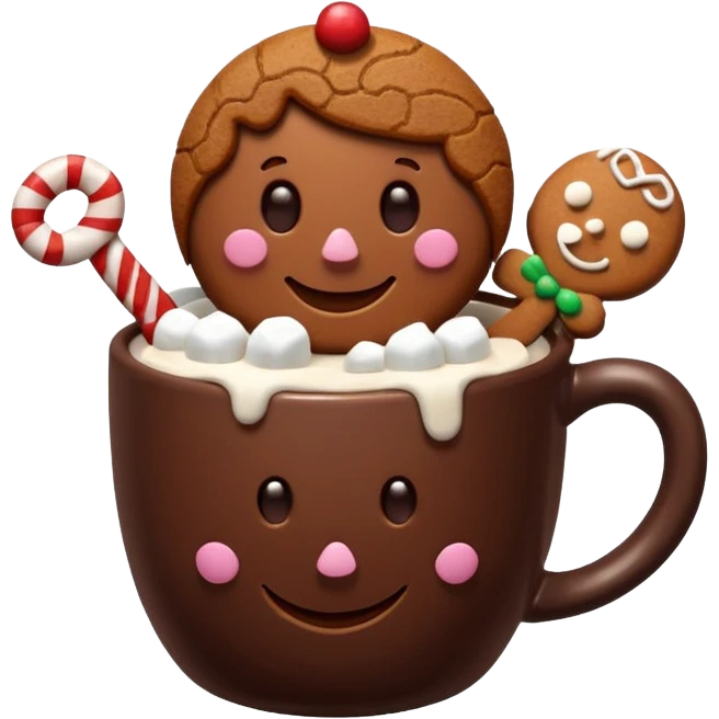 A hot chocolate with a gingerbread man and marshmallows emoji