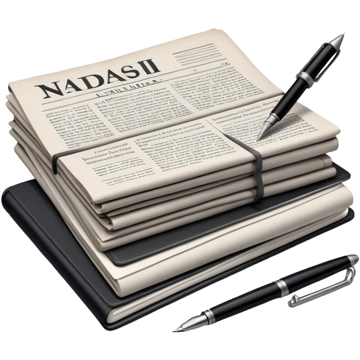 Create an emoji representing journalism and publicistic writing. The design should feature a stack of newspapers as the base, with an open working notebook placed on top of them. A single fountain pen should rest at the very top on the notebook, symbolizing the act of writing. Use neutral, professional colors like black, white, and muted tones to convey a sense of seriousness and intellect. Do not include any emojis or smiley faces. Make the background transparent. emoji