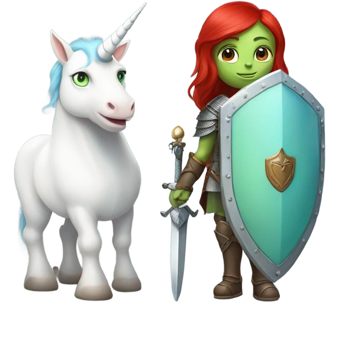 medieval shield: [politically incorrect, (
	{ female, alien, color: light green, hair:red, eyes:cat} ]
	on a 
	[{ unicorn: white, legged:four, mane: light blue }]) emoji