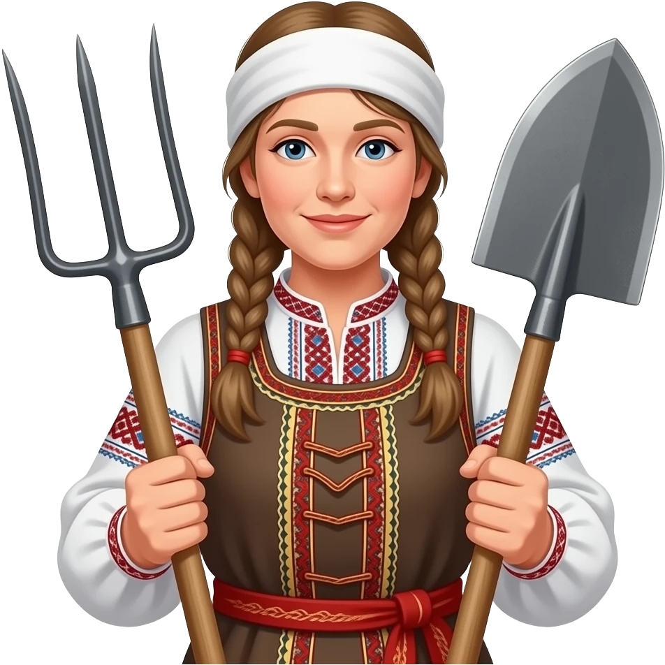 a russian villager with russian national suit and agrocultural instruments emoji