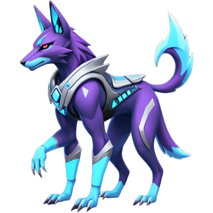 Silver and indigo and purple and violet cyberpunk intricate neon glowing grey white futuristic cyborg-Anubis-Zeraora-Zoroark-fusion (full body) emoji