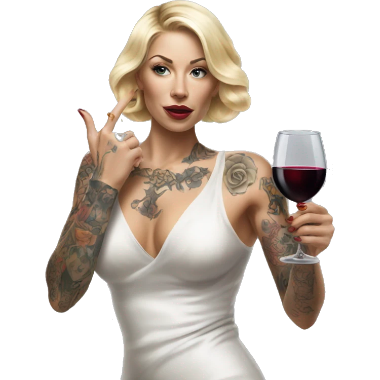 Blonde elegant women, her body covered with tattoos, wine in her one hand, Pointing Forward with her Other Hand , Hyper realistic emoji