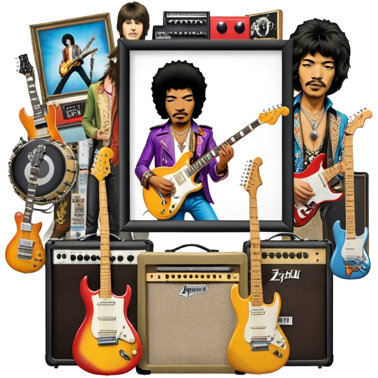 Rock music icon: powerful stage with electric guitars, drums, and amplifiers. Collage of rock icons—Jimi Hendrix, Led Zeppelin, Nirvana, and The Rolling Stones—symbolizing the energy and rebellion of rock. Transparent background. emoji
