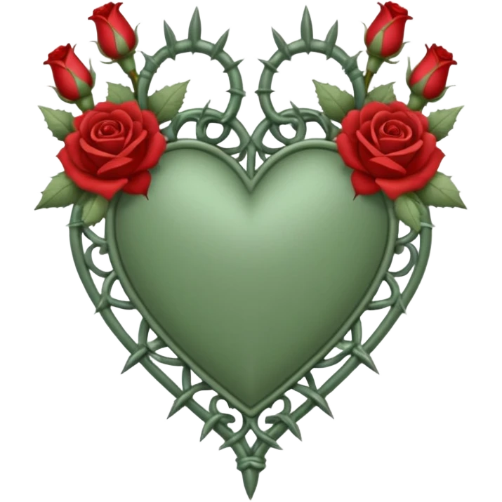 Can you make a sage green heart with a gothic design, I want roses and spikes around the heart. In the middle of the heart the letter I emoji