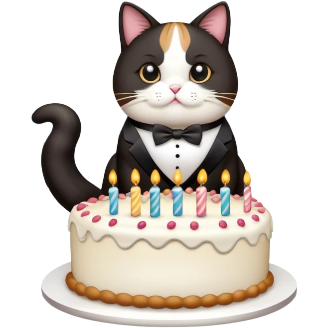 A fat tuxedo cat pooping out a birthday cake with Seoul in the background emoji