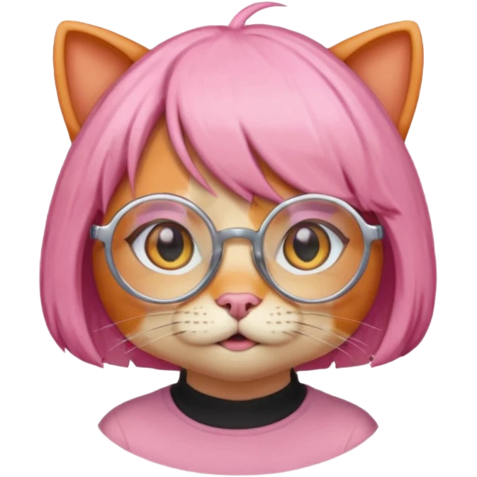 Orange Yellow cat wearing pink bob hair wig, circle glasses emoji