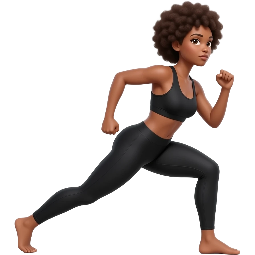 Light-brown Black woman, afro hair, wearing black sports bra and leggings, performing KICKBACK STANDING , full body, toned glutes and legs, strong posture, realistic fitness style, clean background, soft lighting. emoji