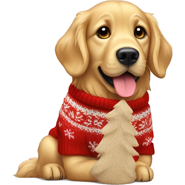 Golden retriever sitting wearing a knitted red Christmas sweater emoji