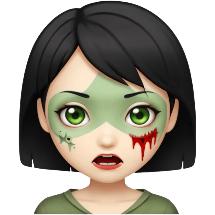 adorable Asian zombie girl emoji, Ada Wong inspired short black hair, greenish skin, cute fangs, wink emoji