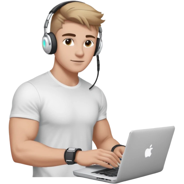 парень диджей накаченный молодой с диджейский пультом и ноутбуком красивый парень со светлыми волосами и черно кориченывыми глазамами и в наушниках apple airpods белых, в белой футболке emoji