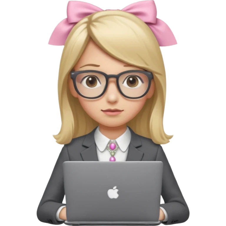 Please take the girl with laptop emoji and make her glassess light brown and her nose a bit smaller and pointier and she has blonde long hair and a dark grey suit and pearls, and has a laptop in fron of her and a tiny pink bow on the left side of her head emoji