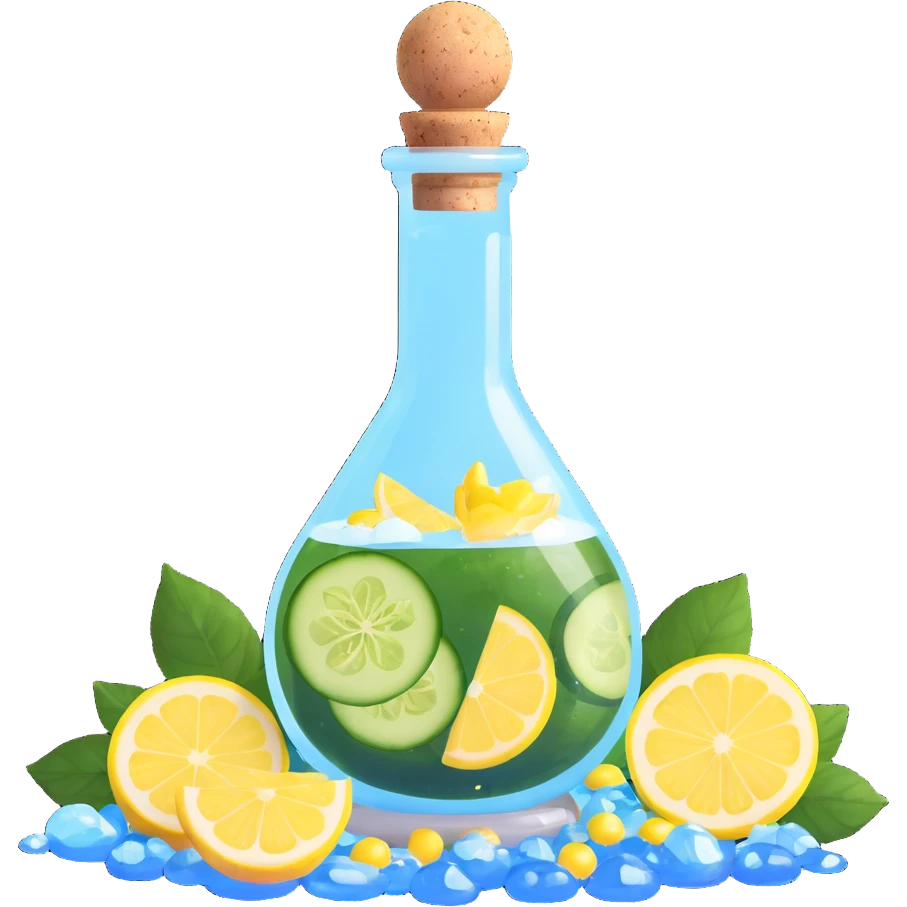 potion bottle with a perfectly round floating bottom, very small cork, very short neck, filled with #00d9ff liquid, inside cucumber slices, lemon slices, ice cubes, edible flower petals, and magical sparkles, soft lighting, transparent glass, clean background, fantasy style emoji
