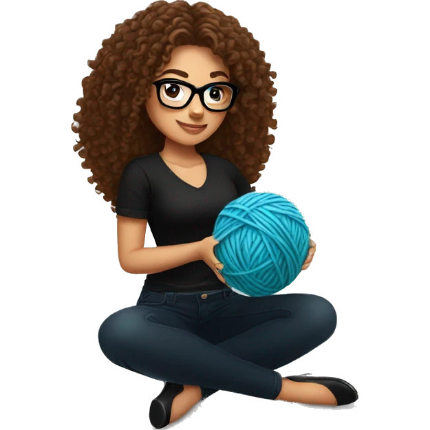 pretty Hispanic woman with long brown curly hair holding one ball of yarn with both arms wearing a black shirt and black glasses emoji