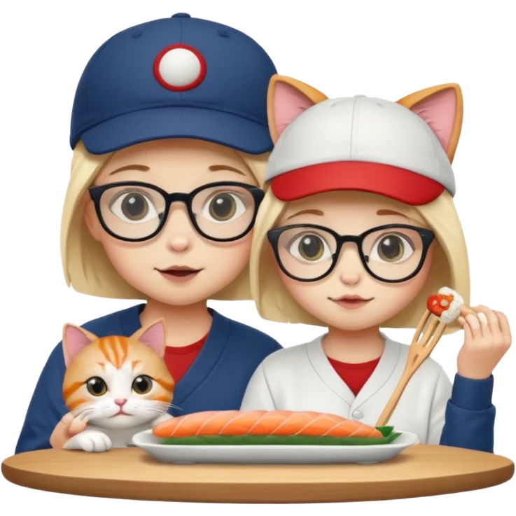 cute girl cat wearing glasses and a cute boy cat wearing a baseball cap eating sushi together emoji