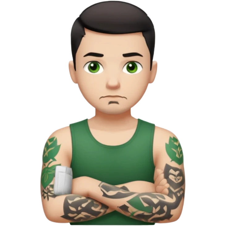 White young man with short black taper fade hair cut and slight goatee and neutral expression with his arms folded. Green eyes and arm tattoos emoji