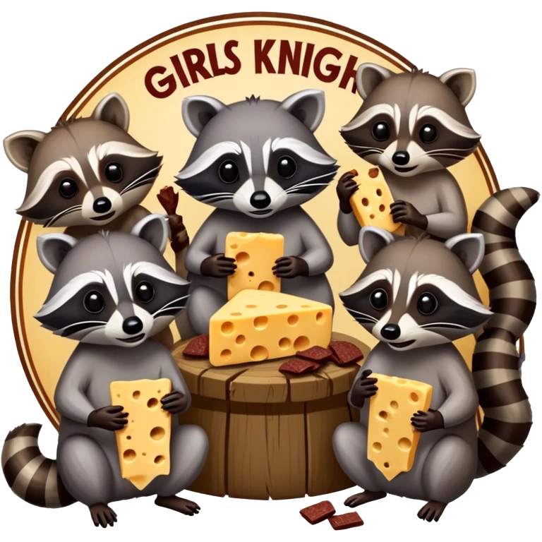3 raccoons eating cheese and beef jerky one with the bubonic plague under a sign that says girls night emoji