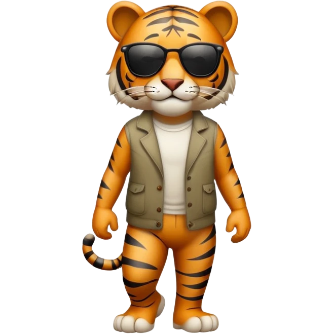 friendly anthropomorphised tiger in casual clothing, wearing dark sunglasses, walking upright in standard pose emoji
