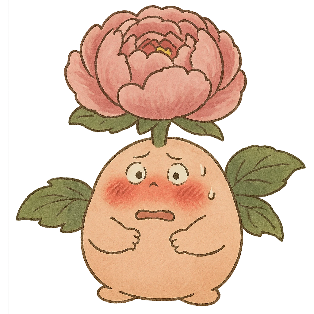 粉红牡丹花花，圆滚滚身体，脸颊通红，表情紧张的样子 emoji