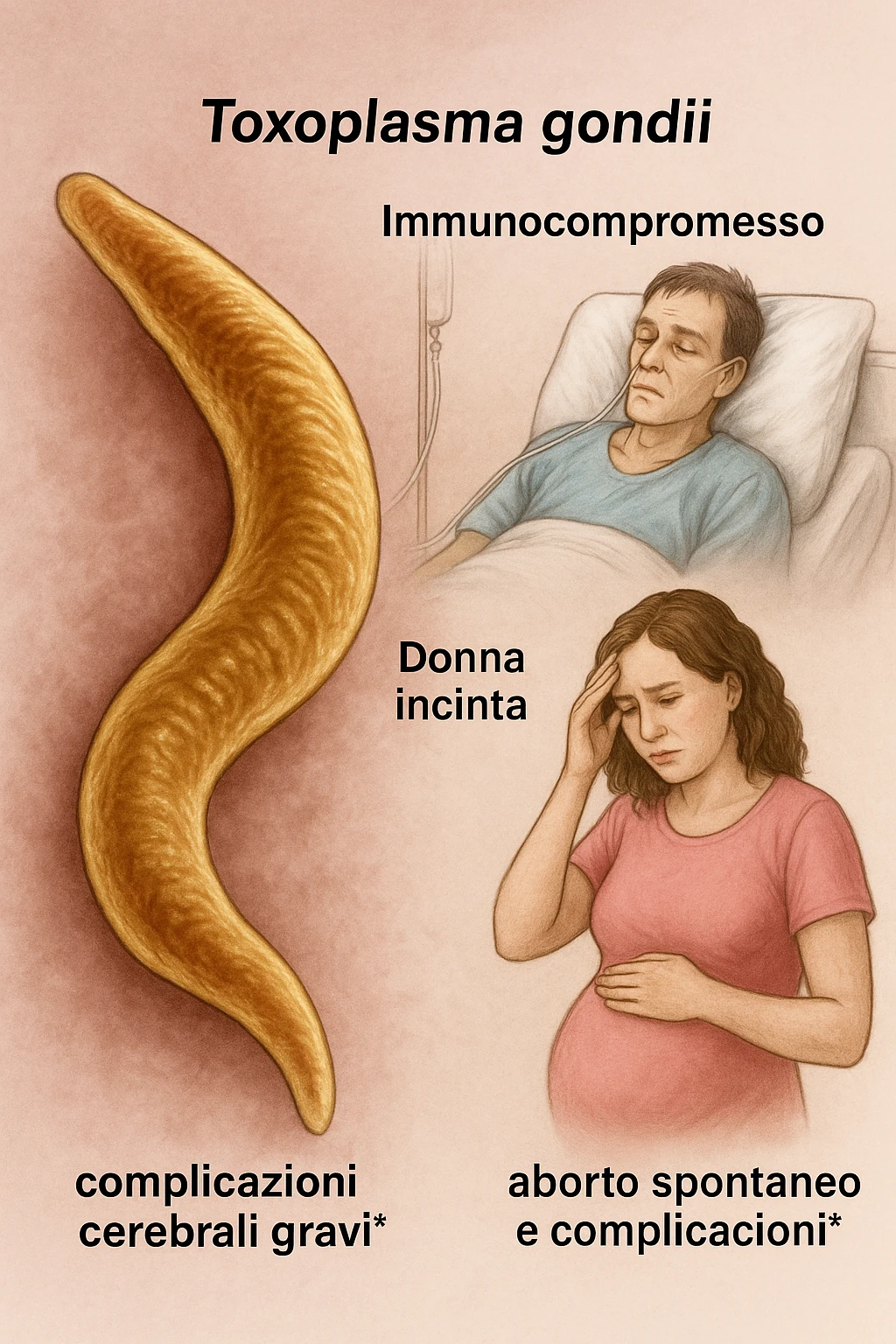 Toxoplasma gondii, infetta uomo immunodepresso e donne incinta. Causando gravi problemi tutto scritto in italiano immagine realistica emoji