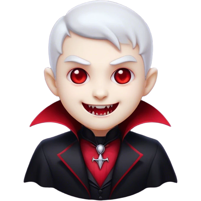 Cinematic Cute Vampire Portrait Emoji, with a refined yet playful small, rounded pale face accented by tiny, cute fangs and bright, twinkling eyes, sporting miniature elegant dark attire with a hint of crimson, simplified yet irresistibly charming, highly detailed with a soft glowing outline that captures the delightful duality of spooky sweetness and stylish allure! emoji