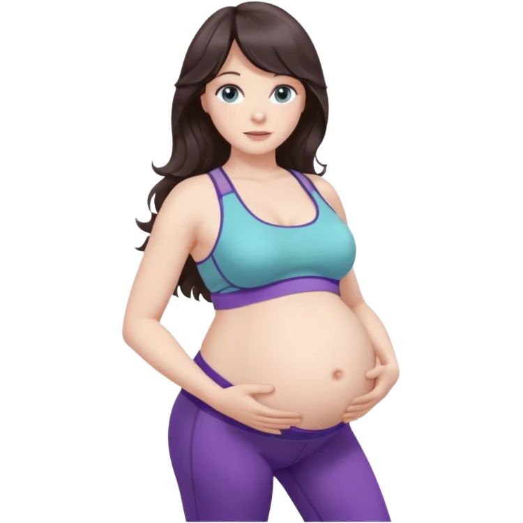 pregnant women, long dark brown wavy hair with curtain bangs, pale skin and grayish aquamarine coloured eyes, showing belly with one hand on the belly, in a purple sports bra and leggings  emoji