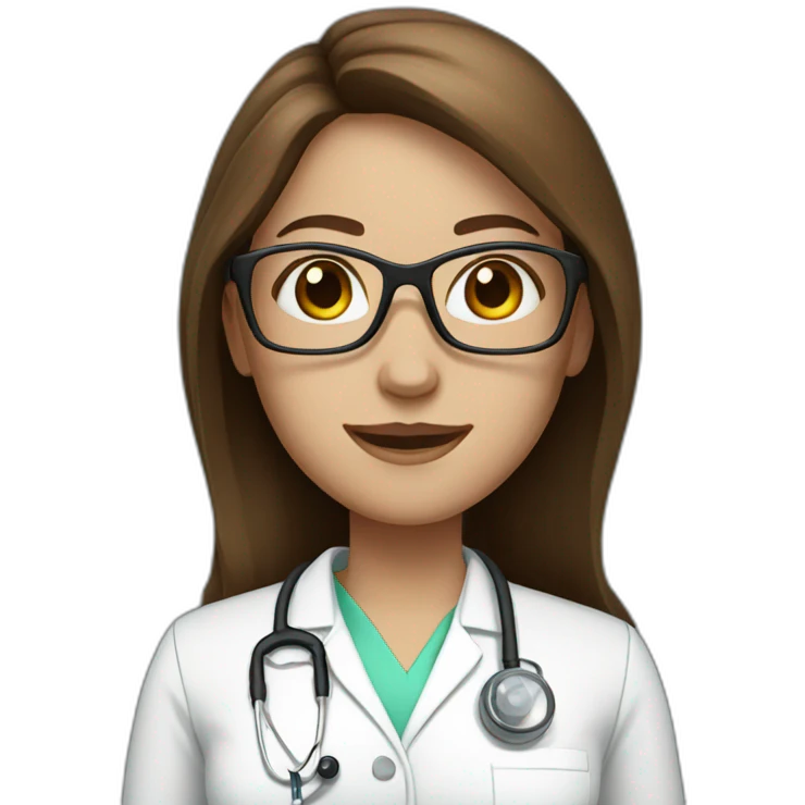 White nurse woman with long brown hair and glasses emoji