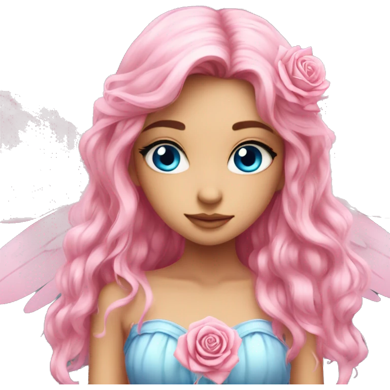 big wings, rose, Beautiful, fairy, pink, long hair, blue eyes  emoji