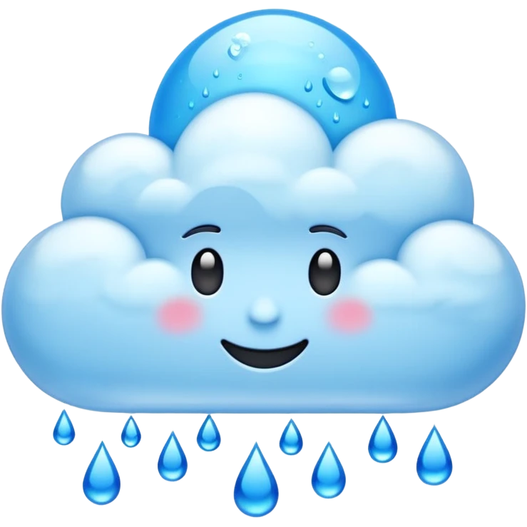 emoji-style clouds with blue raindrops falling. Glossy 3D look, transparent background, vibrant colors. emoji