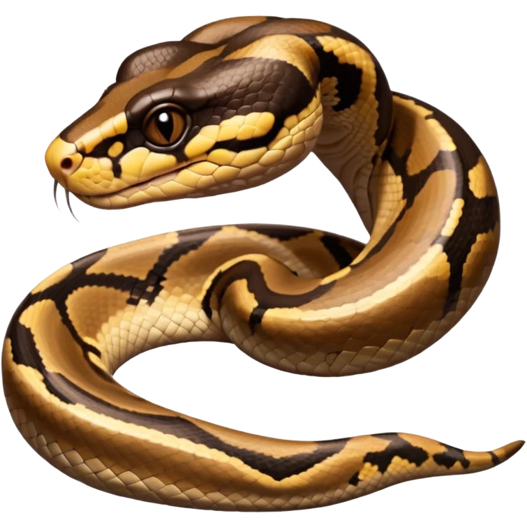 A photo-realistic digital illustration of a Ball Python, large headshot portrait. The snake has a short, rounded snout and smooth, soft contours, with a gentle, inquisitive expression that gives it a slightly playful charm. Its head is warm brown with bold, irregular dark markings. emoji
