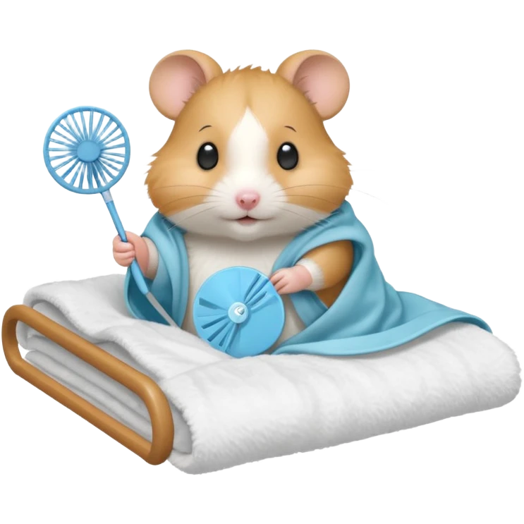 Hamster in hospital bed with a hand fan emoji