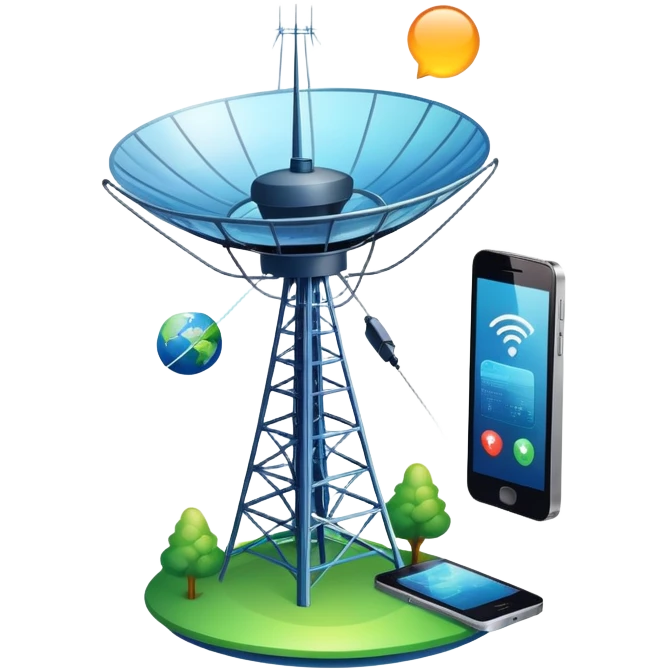 An icon featuring a satellite dish, a cell tower emitting signals, and a smartphone displaying a chat interface. The design includes fiber-optic cables and data waves, symbolizing global communication, connectivity, and information exchange. Transparent background. emoji