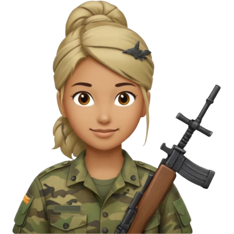 Apple emoji look — female soldier, no cap/helmet, bust, neutral smile, generic camo shirt, hair tied back, soft gradients, no weapon emoji