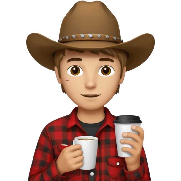generate an ios genmoji of a 20 year old tan boy with a cowboy hat and side burns. Wearing a flannel and carrying a coffee mug emoji