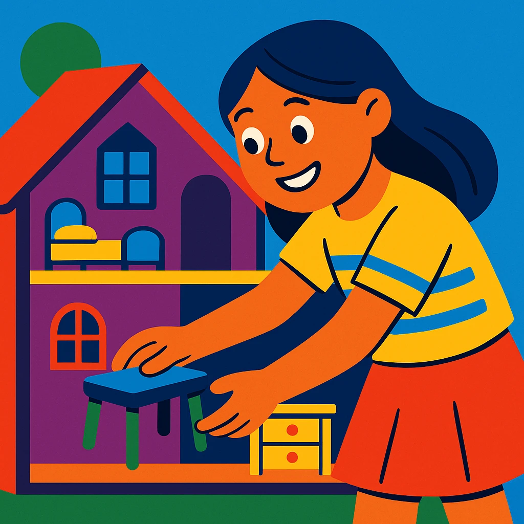smiling girl arranging furniture in doll house emoji