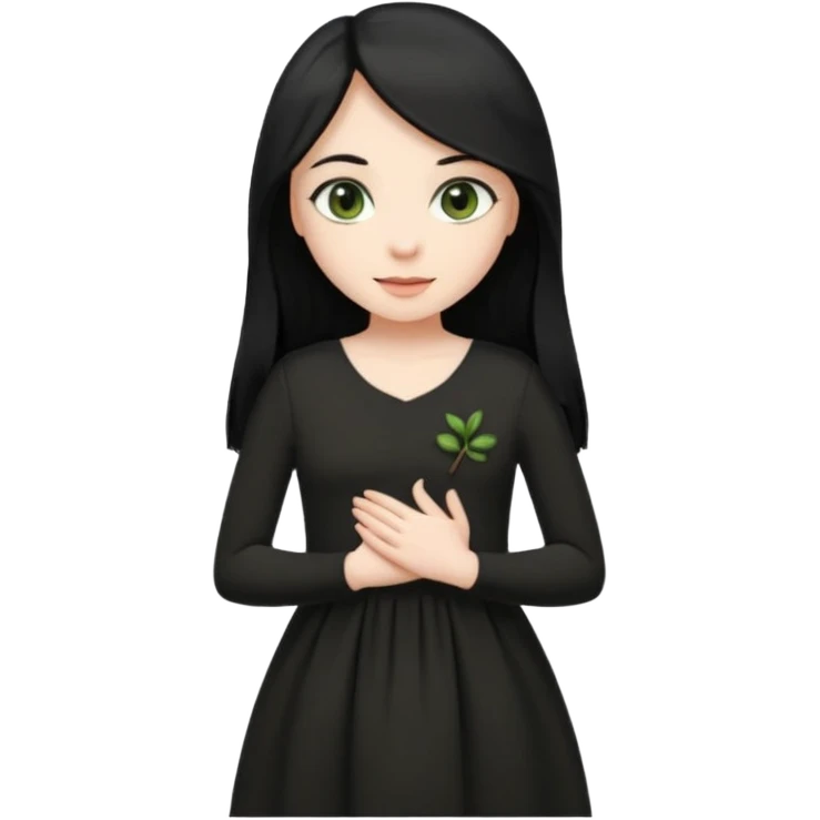 Pale girl with long black hair and olive green eyes soft smile wearing black dress and holding hands over her chest emoji