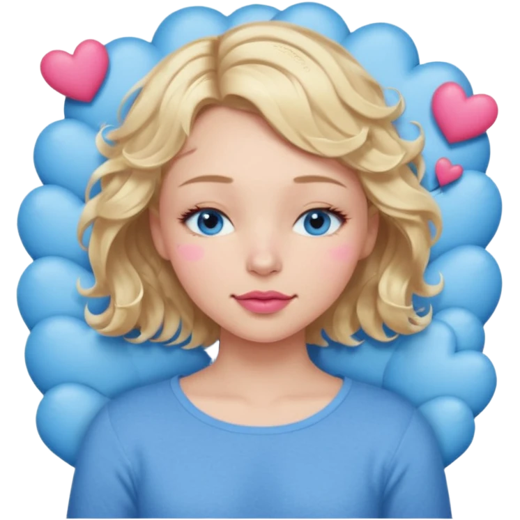 Girl Blonde short wavy hair,  blue eyes, cute blue top, long lashes, pink lips, sleeping eyes closed, hearts floating  emoji