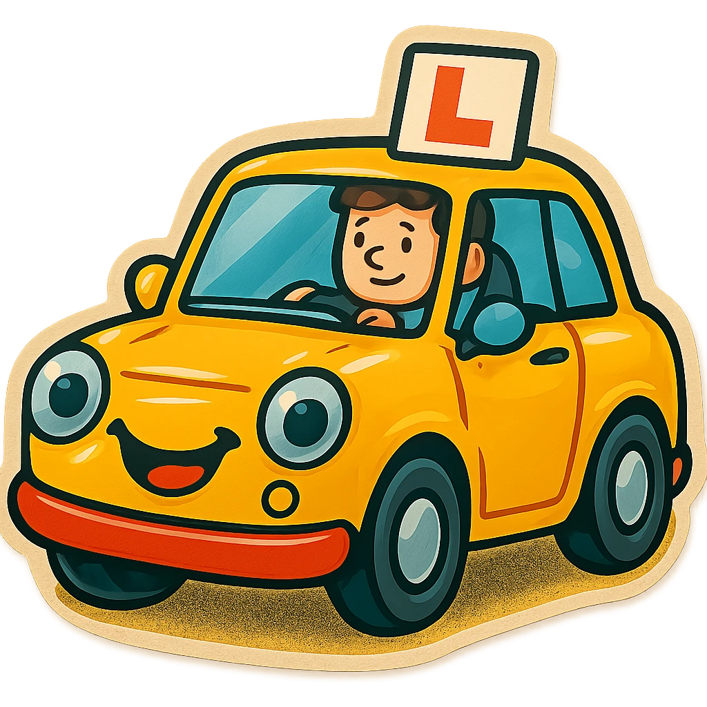 Add a visible driver inside the cartoon yellow car with an L plate, keep the retro stickers style and no background. emoji