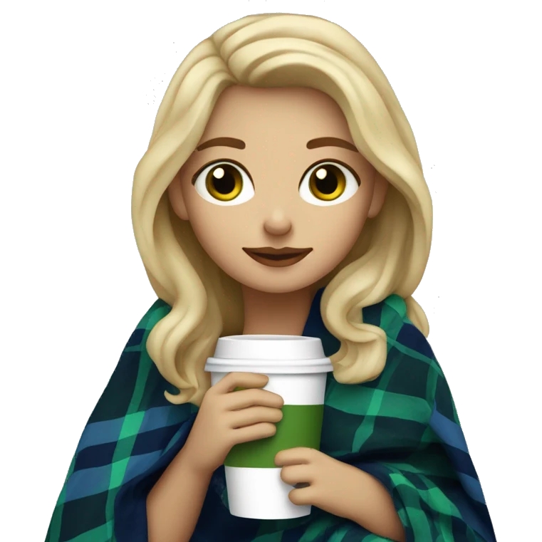 cute dirty blonde girl with green hazel wrapped in dark blue plaid blanket drinking coffeeemoji emoji
